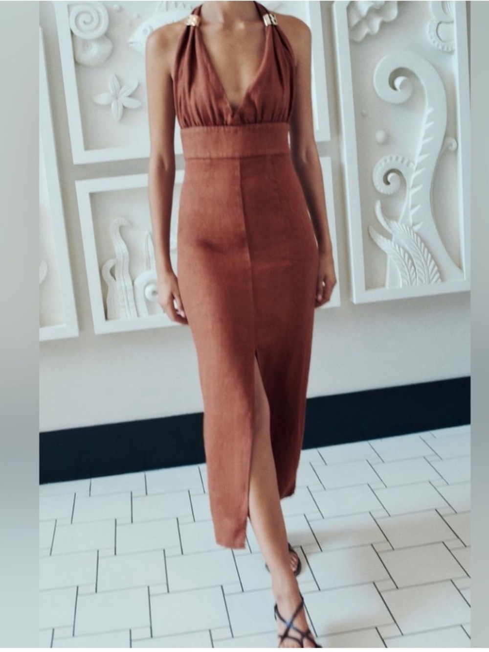 NWT Zara Terracotta 100% Linen V-Neckline Maxi Dress Size XL